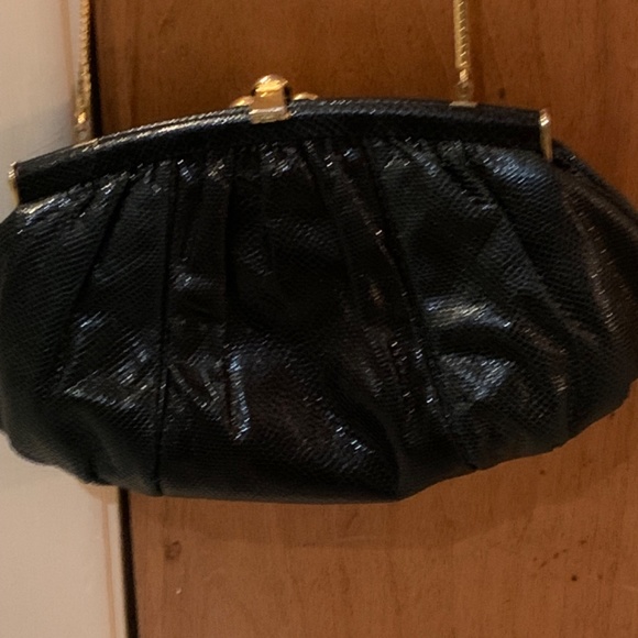 VINTAGE JUDITH LEIBER KARUNG SNAKESKIN BLACK SHOULDER EVENING BAG/JEWELED CLASP - Picture 4 of 11